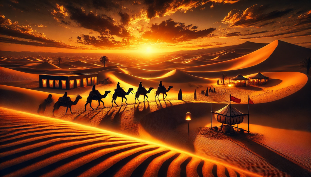 A breathtaking photographic-style image of the Moroccan Sahara Desert during sunset