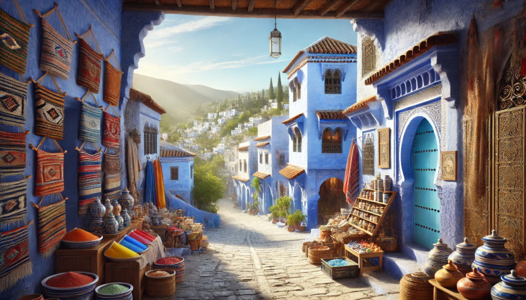 the enchanting town of Chefchaouen, Morocco, focusing on its vibrant blue-painted streets