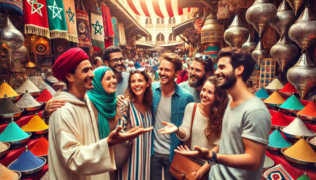 a group of happy Moroccan people and tourists interacting warmly in a bustling marketplace