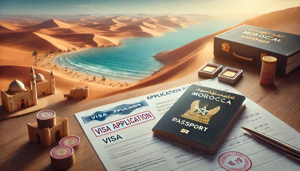 Moroccan passport, visa application forms, and official stamps on a desk with a backdrop of a serene view of Dakhla's coastline