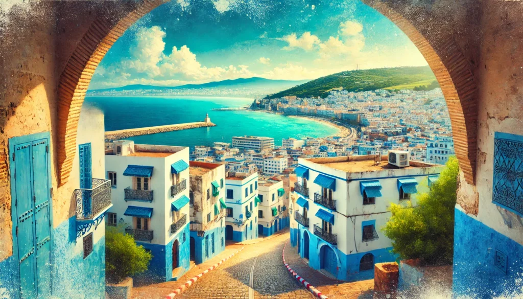 view of Tangier, Morocco, showcasing its coastal charm with blue and white buildings overlooking the sea