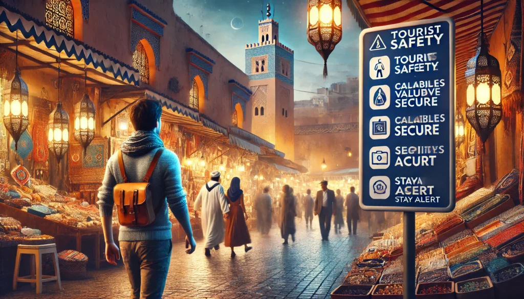 a vibrant medina with bustling crowds, colorful market stalls, and a tourist using a secure crossbody bag