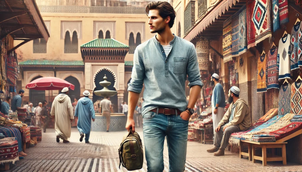 a male traveler in Morocco wearing casual jeans paired with a lightweight button-down shirt, walking through a vibrant medina with colorful market stalls