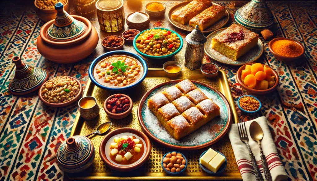 a beautifully presented Pastilla with powdered sugar and cinnamon, a bowl of hearty Harira soup with lentils and chickpeas, and side dishes of dried fruits and Smen