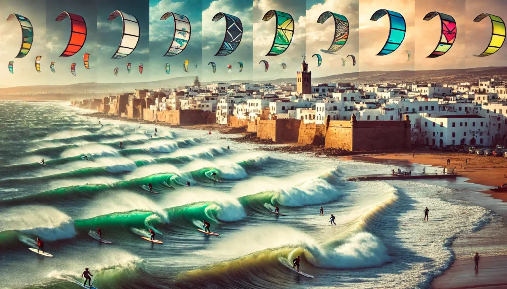 the seasonal wind patterns of Essaouira, Morocco. The image showcases the coastal city with strong waves and colorful kitesurfers riding the wind during the summer season