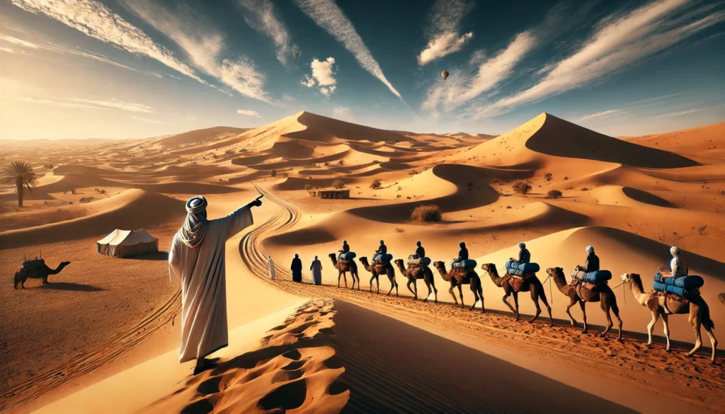 a guided group of tourists is seen walking with a local guide in Merzouga