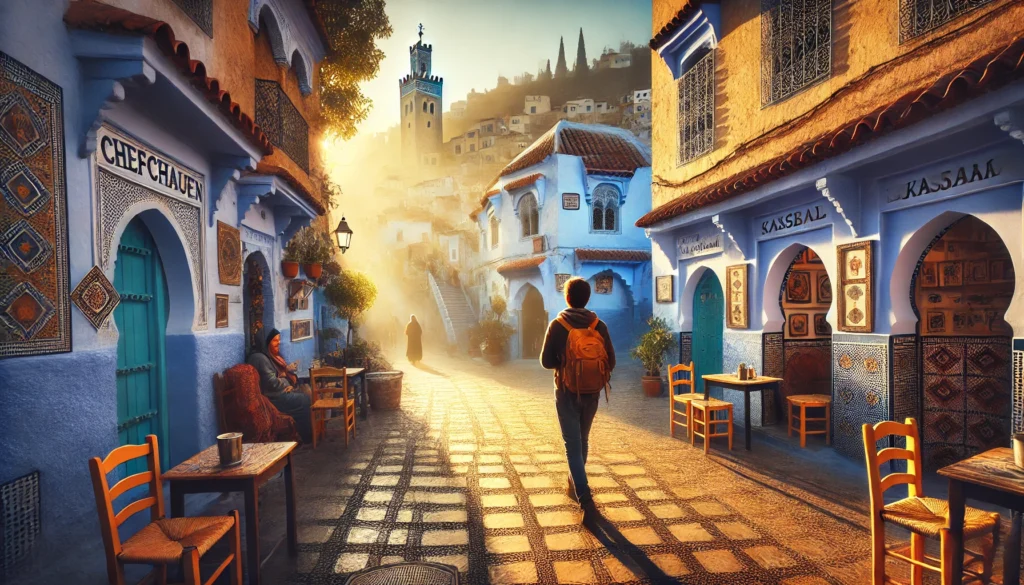 A traveler leisurely walks through the medina of Chefchaouen, pausing to take in the vibrant colors and intricate tile work