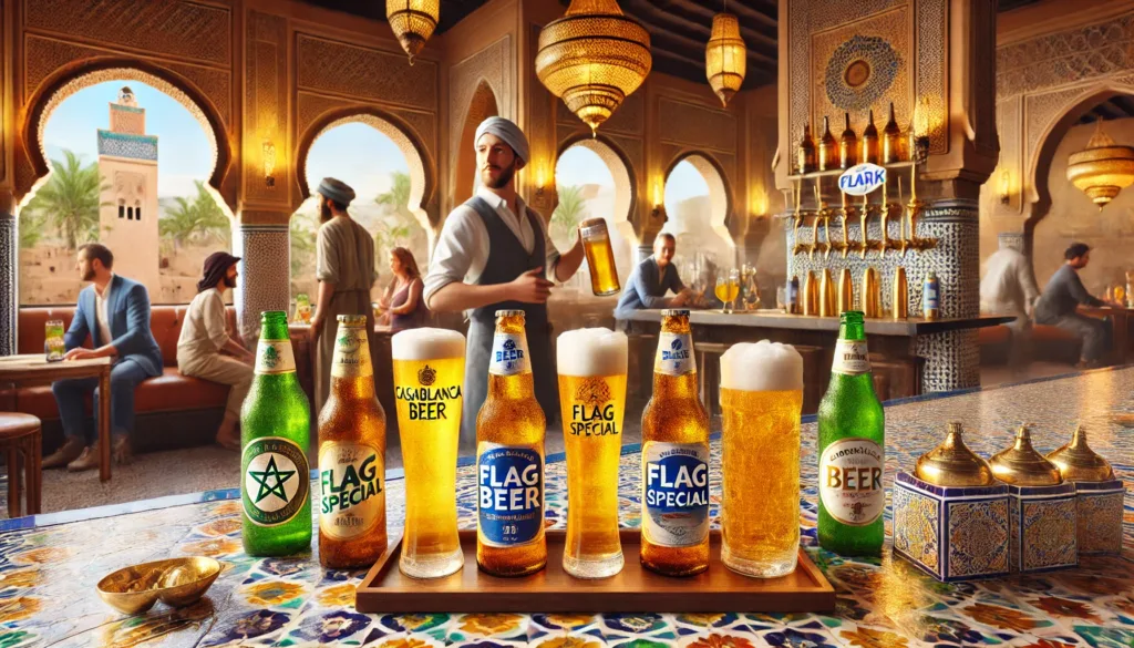 a beautifully arranged table with popular Moroccan beer brands such as Casablanca Beer, Flag Special, and Stork, displayed in chilled bottles and poured into glasses with a golden frothy head