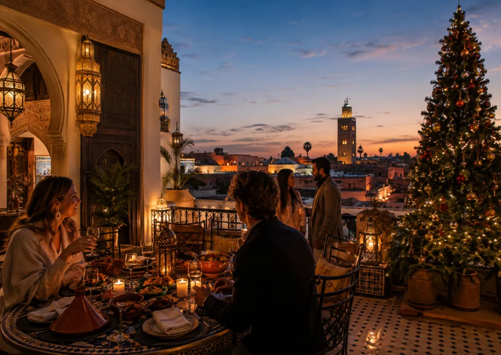 Christmas in Morocco on a rooftop terrace, with a festive dinner, Moroccan lanterns, a decorated Christmas tree, and a city skyline at sunset.