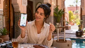 International traveler in a Moroccan riad comparing a Morocco eSIM on her smartphone with a physical SIM card beside her luggage.