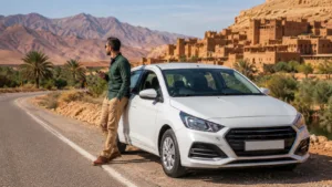 Renting a car in Morocco for a scenic road trip through the Atlas Mountains, with a traditional kasbah and desert landscape in the background.