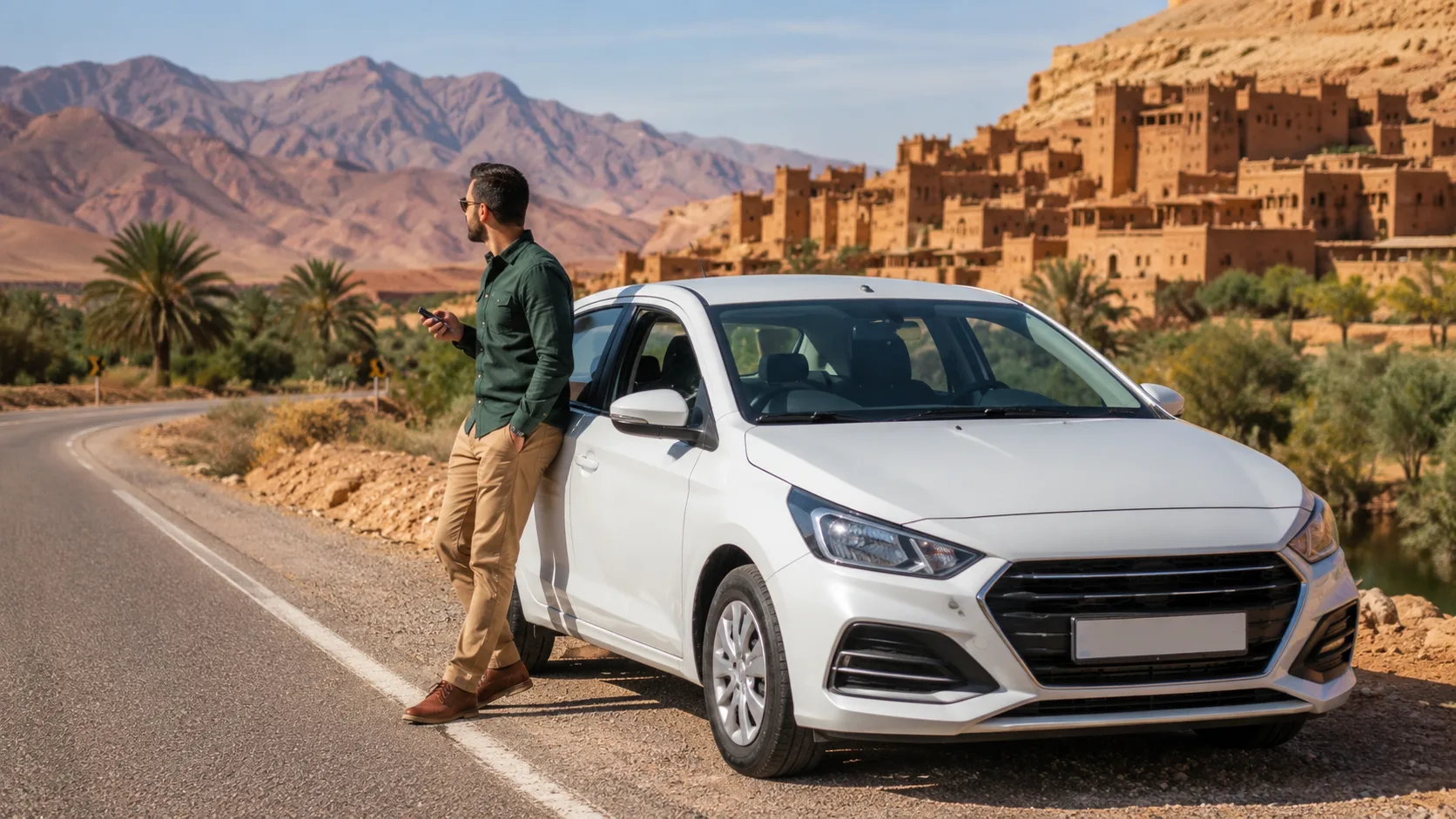 Renting a car in Morocco for a scenic road trip through the Atlas Mountains, with a traditional kasbah and desert landscape in the background.