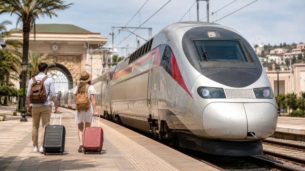 Morocco train travel with international tourists boarding a modern high-speed train at a Moroccan railway station.