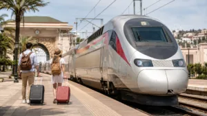 Morocco train travel with international tourists boarding a modern high-speed train at a Moroccan railway station.