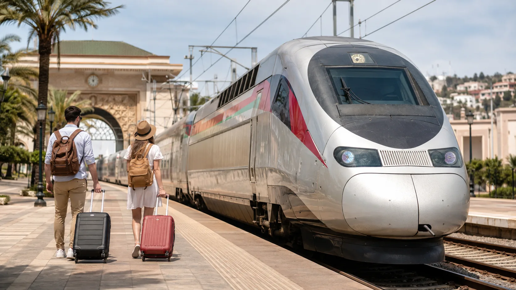 Morocco train travel with international tourists boarding a modern high-speed train at a Moroccan railway station.