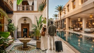 Riad vs hotel Morocco comparison showing a traditional Moroccan riad courtyard beside a modern hotel pool, with travelers and luggage choosing between the two.