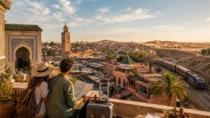 Travelers overlooking a Moroccan medina, train route and Sahara dunes while planning a 7 day Morocco itinerary.