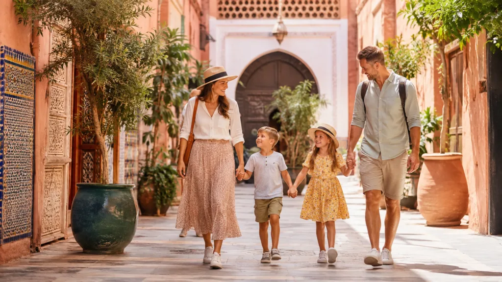 Family exploring a colorful Moroccan medina, illustrating a joyful Morocco with kids travel experience.