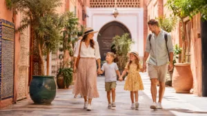 Family exploring a colorful Moroccan medina, illustrating a joyful Morocco with kids travel experience.
