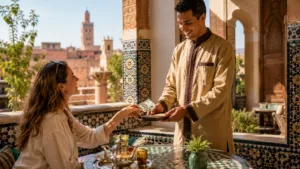 Tipping in Morocco at a traditional riad, with a traveler handing Moroccan dirhams to a waiter beside a mint tea table.