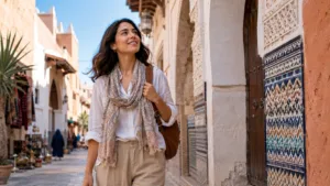 Solo Female Travel in Morocco featuring a woman exploring a traditional Moroccan medina with colorful tiles and historic architecture.
