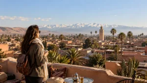 Visiting Morocco in January with a traveler overlooking Marrakech, palm trees, and the snow-capped Atlas Mountains in winter.